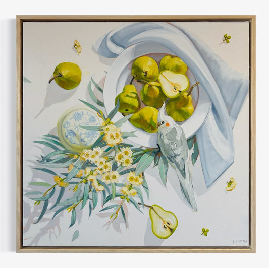 Cockatiel, blossom and pears