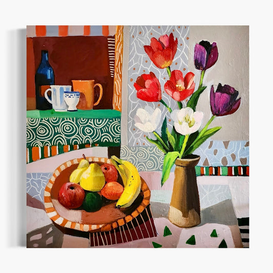 Bowl of Fruit with Tulips