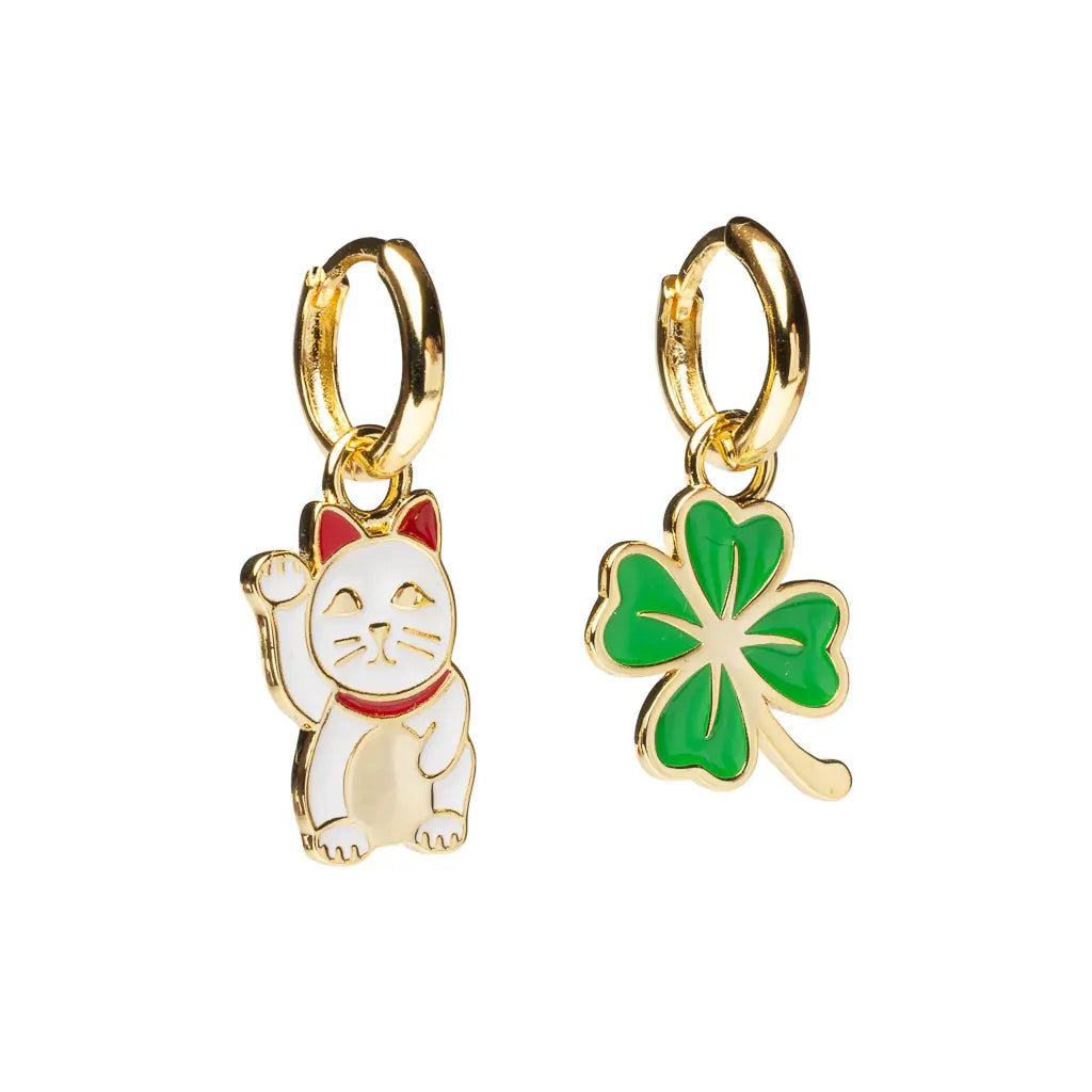 Hoop Earrings - Lucky Cat and Clover