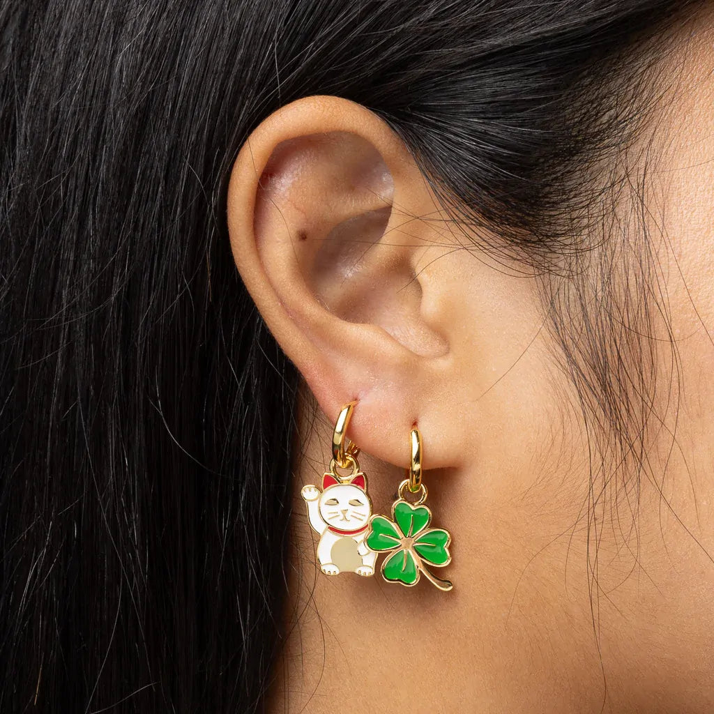 Hoop Earrings - Lucky Cat and Clover